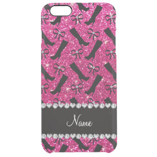 Personalized name neon hot pink glitter boots bows clear iPhone 6 plus case