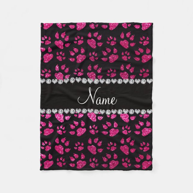 Personalized name neon hot pink glitter cat paws fleece blanket (Front)