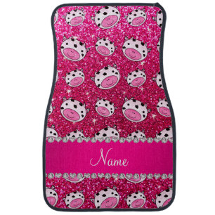 Personalized name neon hot pink glitter cow heads car mat