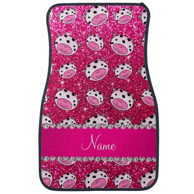 Personalized name neon hot pink glitter cow heads car mat (Front)