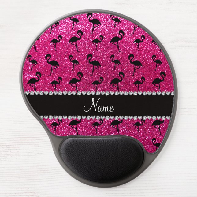Personalized name neon hot pink glitter flamingos gel mouse pad (Front)