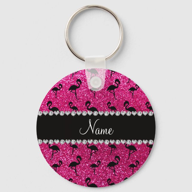 Personalized name neon hot pink glitter flamingos keychain (Front)