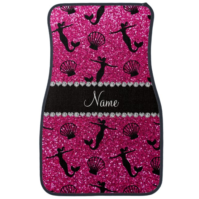 Personalized name neon hot pink glitter mermaids car mat (Front)