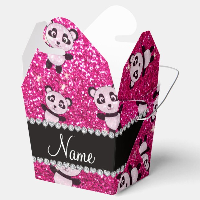 Personalized name neon hot pink glitter pandas favor boxes (Opened)