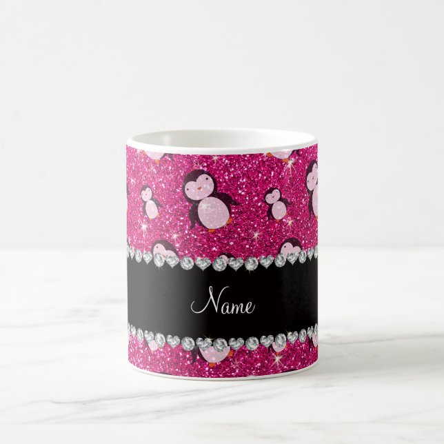 Personalized name neon hot pink glitter penguins coffee mug (Center)