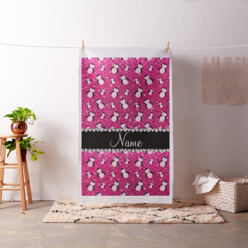 Personalized name neon hot pink glitter penguins fabric