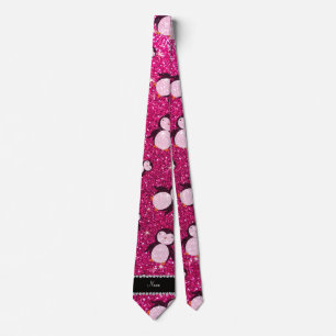 Personalized name neon hot pink glitter penguins neck tie