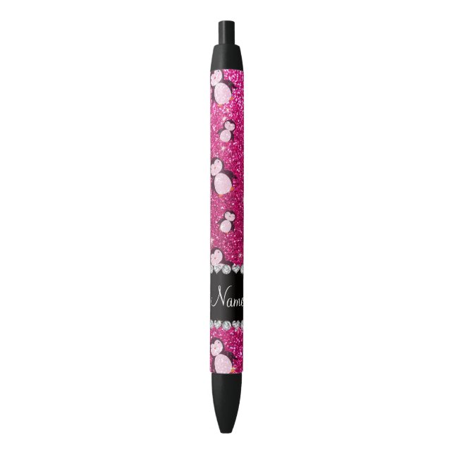 Personalized name neon hot pink glitter penguins pen (Front Vertical)