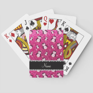 Personalized name neon hot pink glitter penguins poker cards