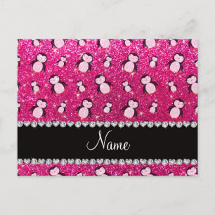 Personalized name neon hot pink glitter penguins postcard