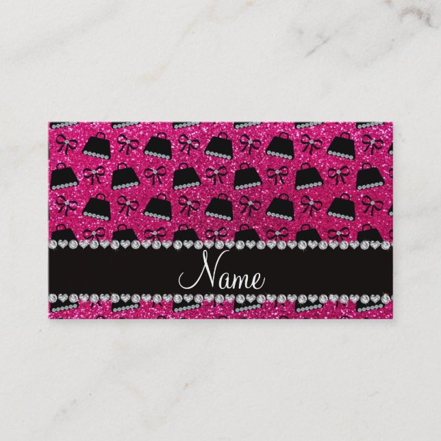 Personalized name neon hot pink glitter purses bow calling card (Front)