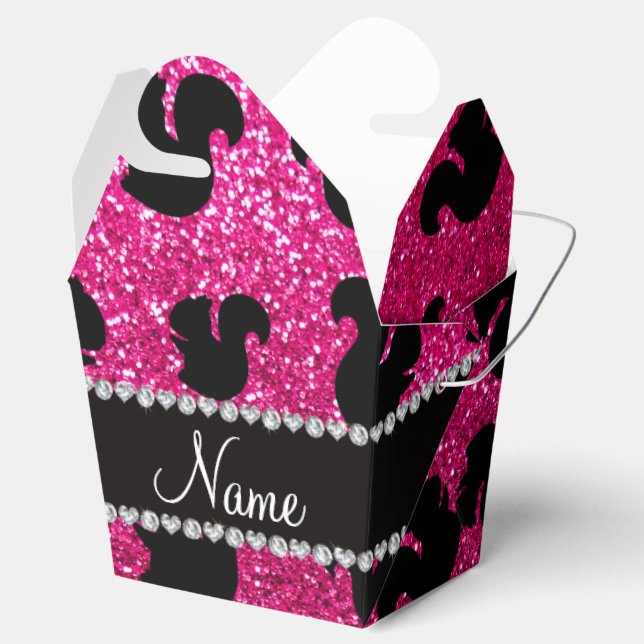 Personalized name neon hot pink glitter squirrel favor boxes (Opened)