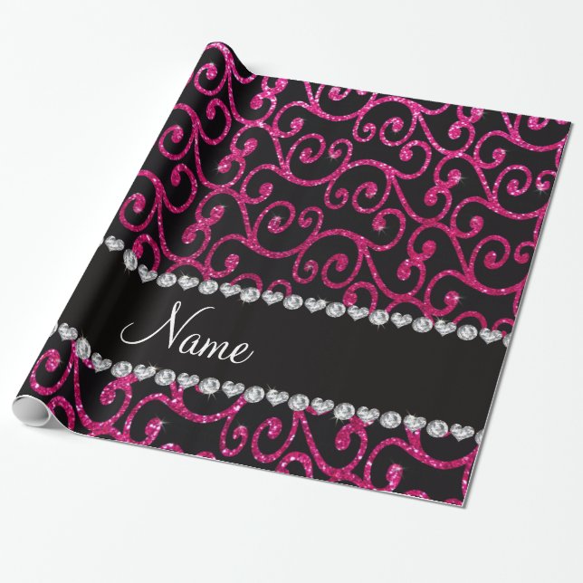 Personalized name neon hot pink glitter swirls wrapping paper (Unrolled)