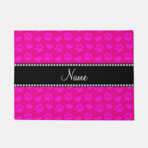 Personalized name neon hot pink hearts and paws doormat