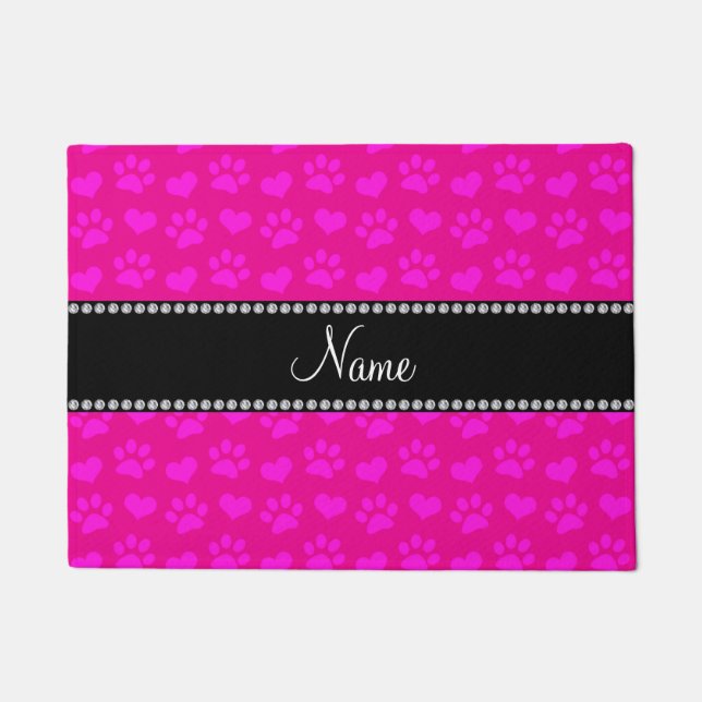 Personalized name neon hot pink hearts and paws doormat (Front)