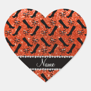 Personalized name neon orange glitter boots bows heart sticker