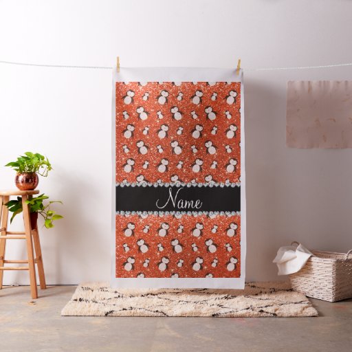 Personalized name neon orange glitter penguins fabric