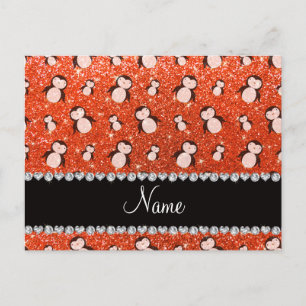 Personalized name neon orange glitter penguins postcard
