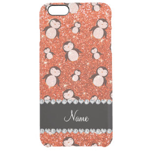 Personalized name neon orange glitter penguins clear iPhone 6 plus case