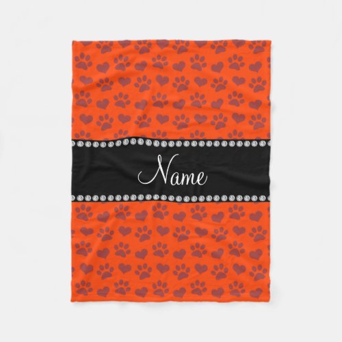 Personalized name neon orange hearts and paw print fleece blanket