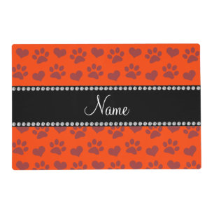 Personalized name neon orange hearts and paw print placemat