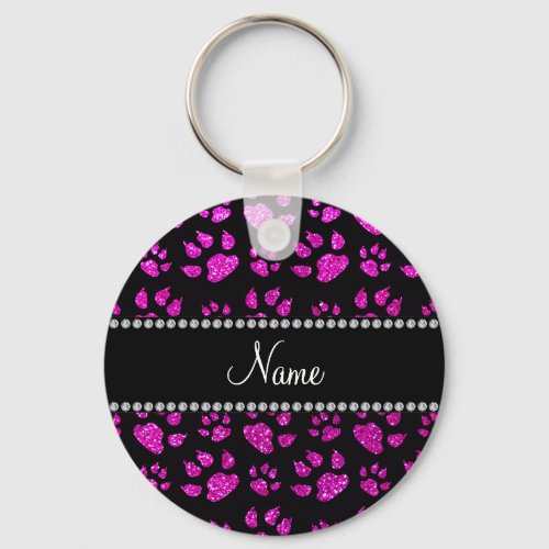 Personalized name neon pink glitter cat paws keychain
