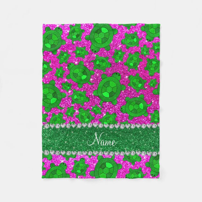 Personalized name neon pink glitter sea turtles fleece blanket (Front)