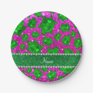 Personalized name neon pink glitter sea turtles paper plates