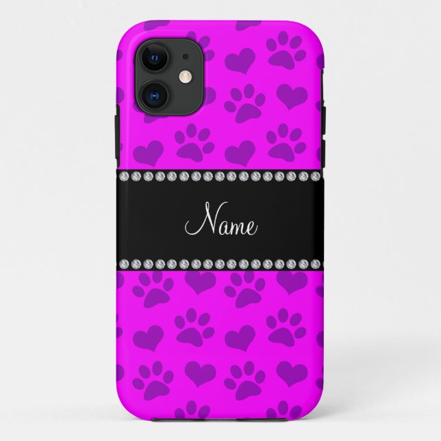 Personalized name neon pink hearts and paw prints Case-Mate iPhone case (Back)