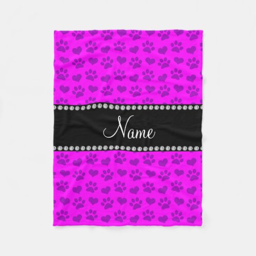Personalized name neon pink hearts and paw prints fleece blanket