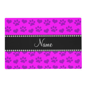 Personalized name neon pink hearts and paw prints placemat
