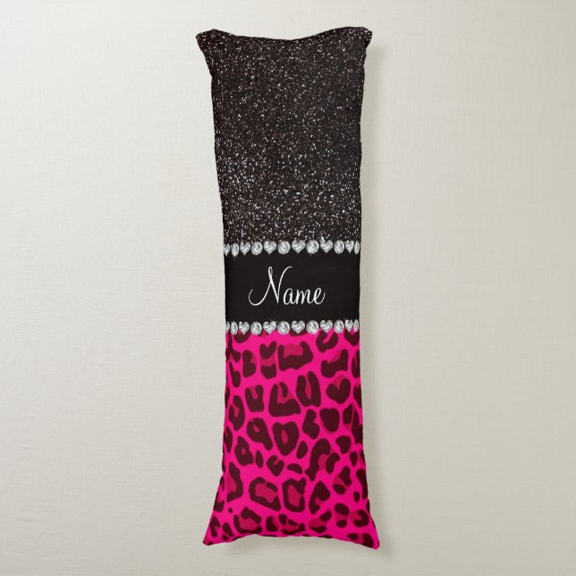 Personalized name neon pink leopard black glitter body pillow (Front Vertical)