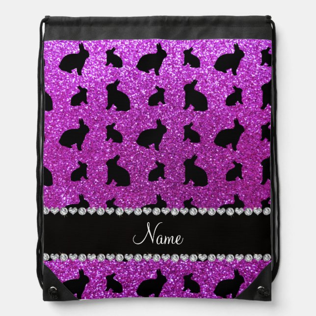 Personalized name neon purple glitter bunny drawstring bag (Front)