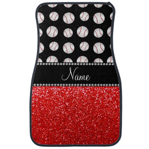 Personalized name neon red glitter black baseball car mat