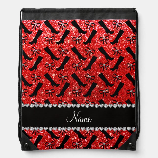 Personalized name neon red glitter boots bows drawstring bag (Front)