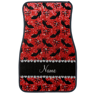 Personalized name neon red glitter fancy shoes bow car floor mat