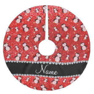 Personalized name neon red glitter penguins brushed polyester tree skirt