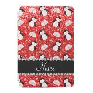 Personalized name neon red glitter penguins igloos iPad mini cover