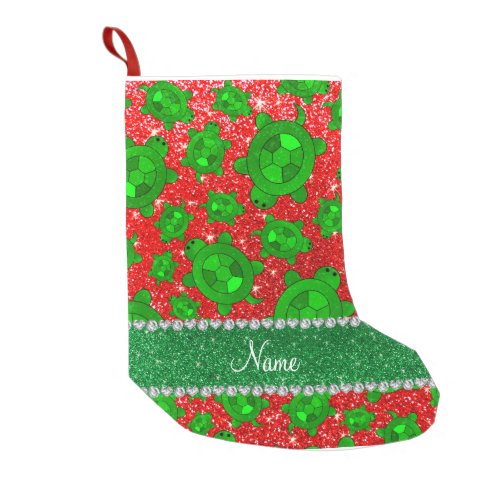 Personalized name neon red glitter sea turtles small christmas stocking