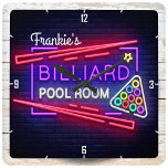 Personalized NAME Neon Style Billiards Pool Table Square Wall Clock<br><div class="desc">Personalize this truly unique,  one-of-a-kind Pool Table Billiard Room Neon Sign Style Gift. Perfect addition to the man cave (or woman cave!) ,  hot rod classic car garage or kitchen bar. Customize with your Name or Custom Text!</div>