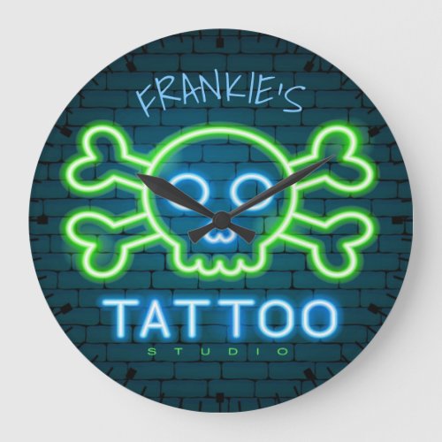Personalized NAME Neon Style Tattoo Shop Studio Large Clock