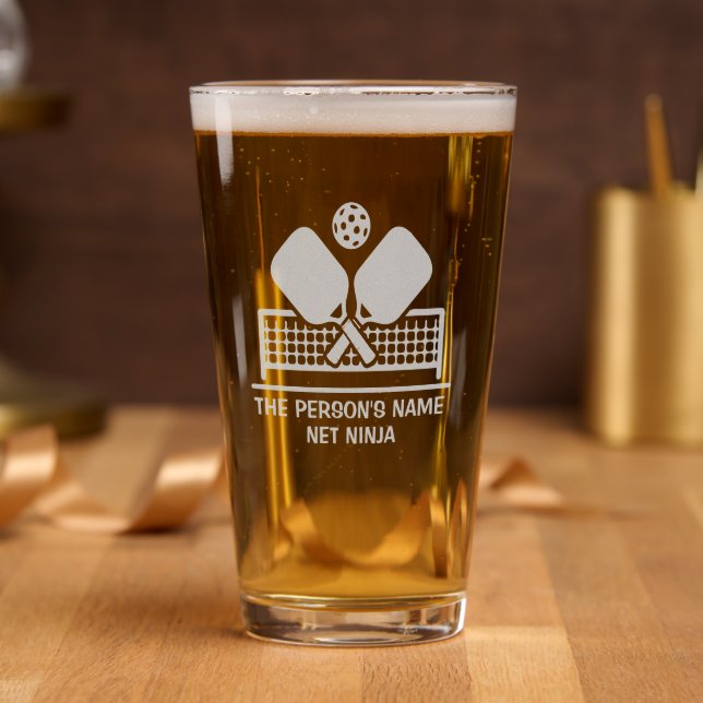 Personalized Name Net Ninja Pickleball Etched Pint Glass (Party)