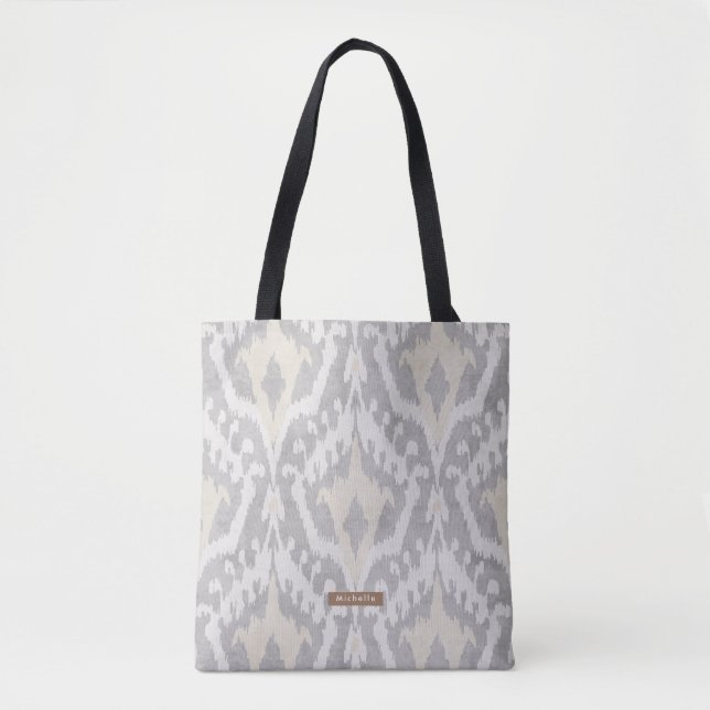 Personalized Name neutral Ikat Pattern Bridesmaid Tote Bag (Front)