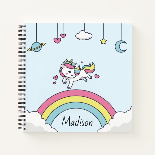 Personalized Name Notebook with Unicorn on Rainbow