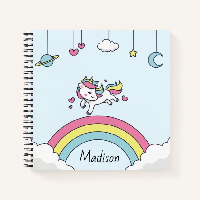 Personalized Name Notebook with Unicorn on Rainbow (Front)