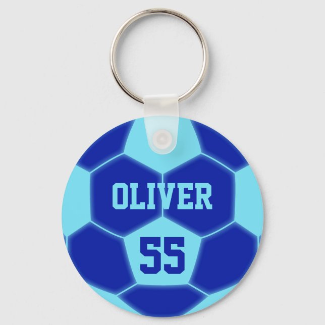 Personalized Name Number Blue Blue Soccer Ball Keychain (Front)