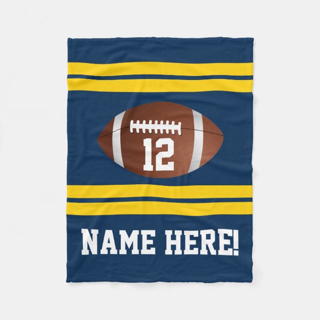 Personalized Name Number Gold/Navy Blue Football Fleece Blanket (Front)