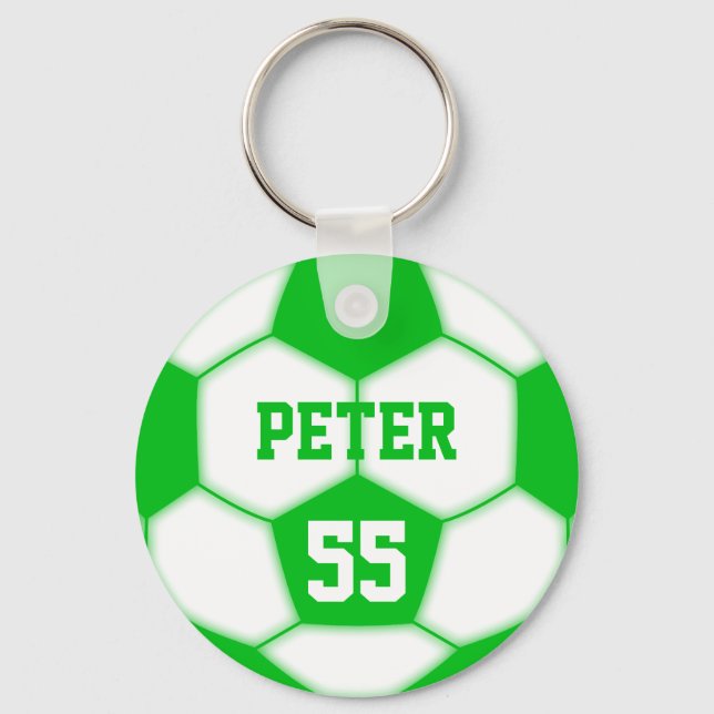 Personalized Name Number Green Soccer Ball Keychain (Front)