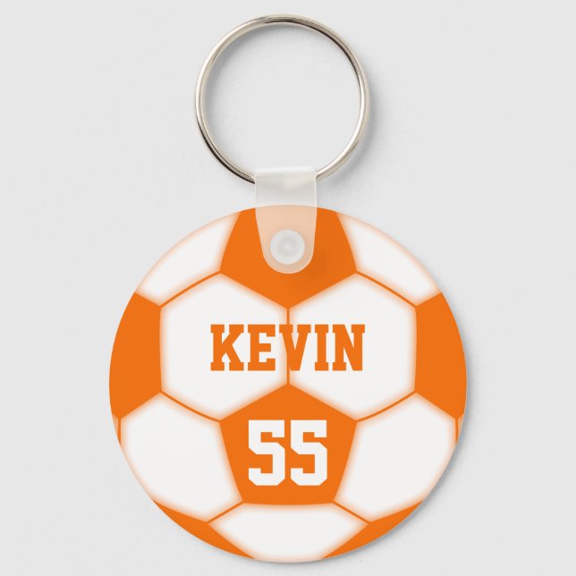 Personalized Name Number Orange Soccer Ball Keychain (Front)
