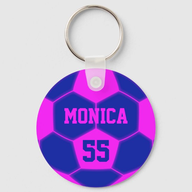 Personalized Name Number Pink Blue Soccer Ball Keychain (Front)